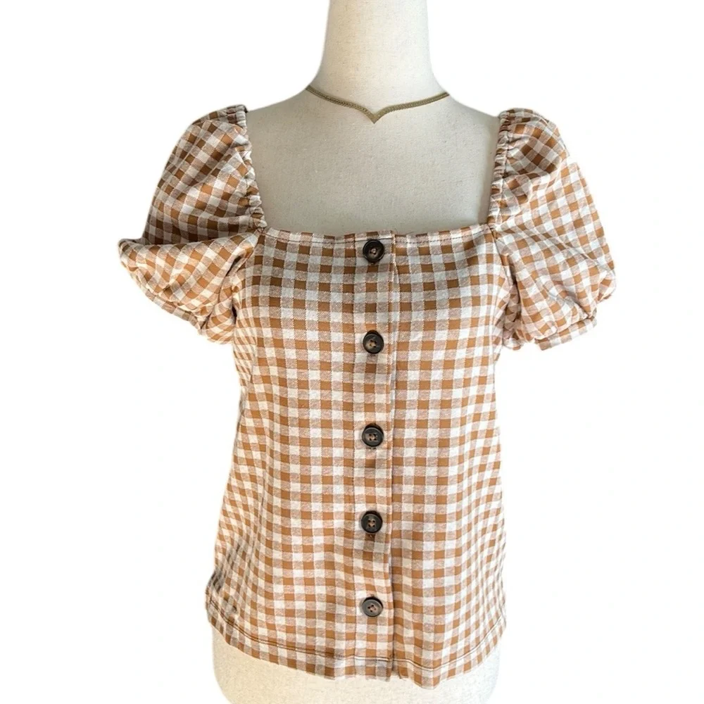 Madewell Gingham Jacquard Square-Neck Puff-Sleeve Top